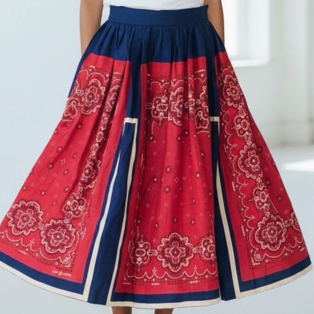Vintage 40s 50s Western Prairie Full/Circle Pleat Skirt‎ Red Blue XS #92G - Picture 2 of 11